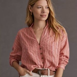 *SOLD* Anthropologie Picri Tavi Pink Silver Metallic Strioe Button Down Shirt